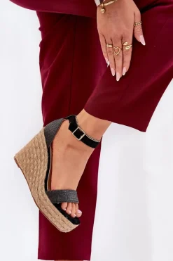 Discount Boto Sandały Damskie Na Koturnie Z Plecionką Czarne Adelio Czarny