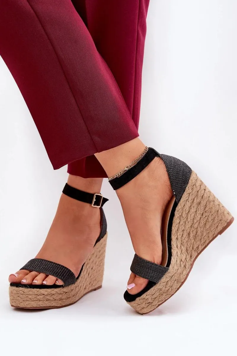 Discount Boto Sandały Damskie Na Koturnie Z Plecionką Czarne Adelio Czarny