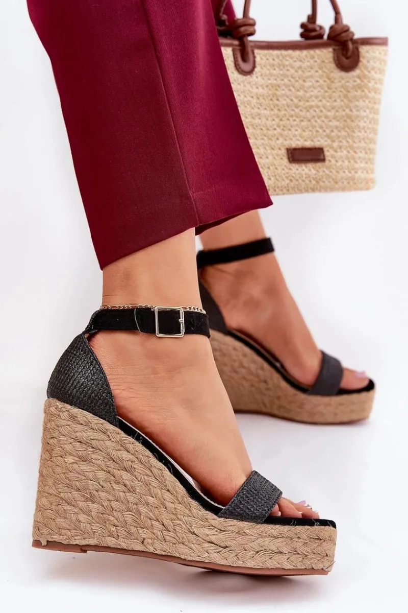 Discount Boto Sandały Damskie Na Koturnie Z Plecionką Czarne Adelio Czarny