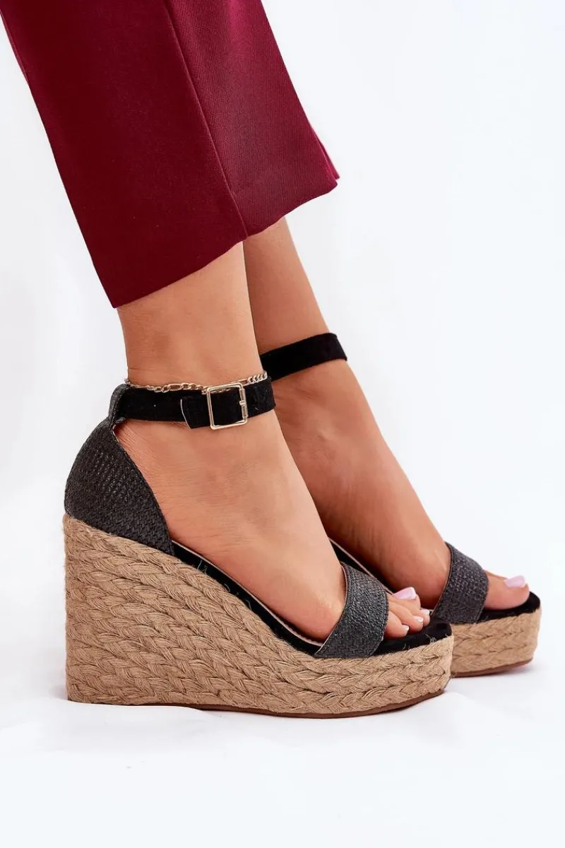 Discount Boto Sandały Damskie Na Koturnie Z Plecionką Czarne Adelio Czarny