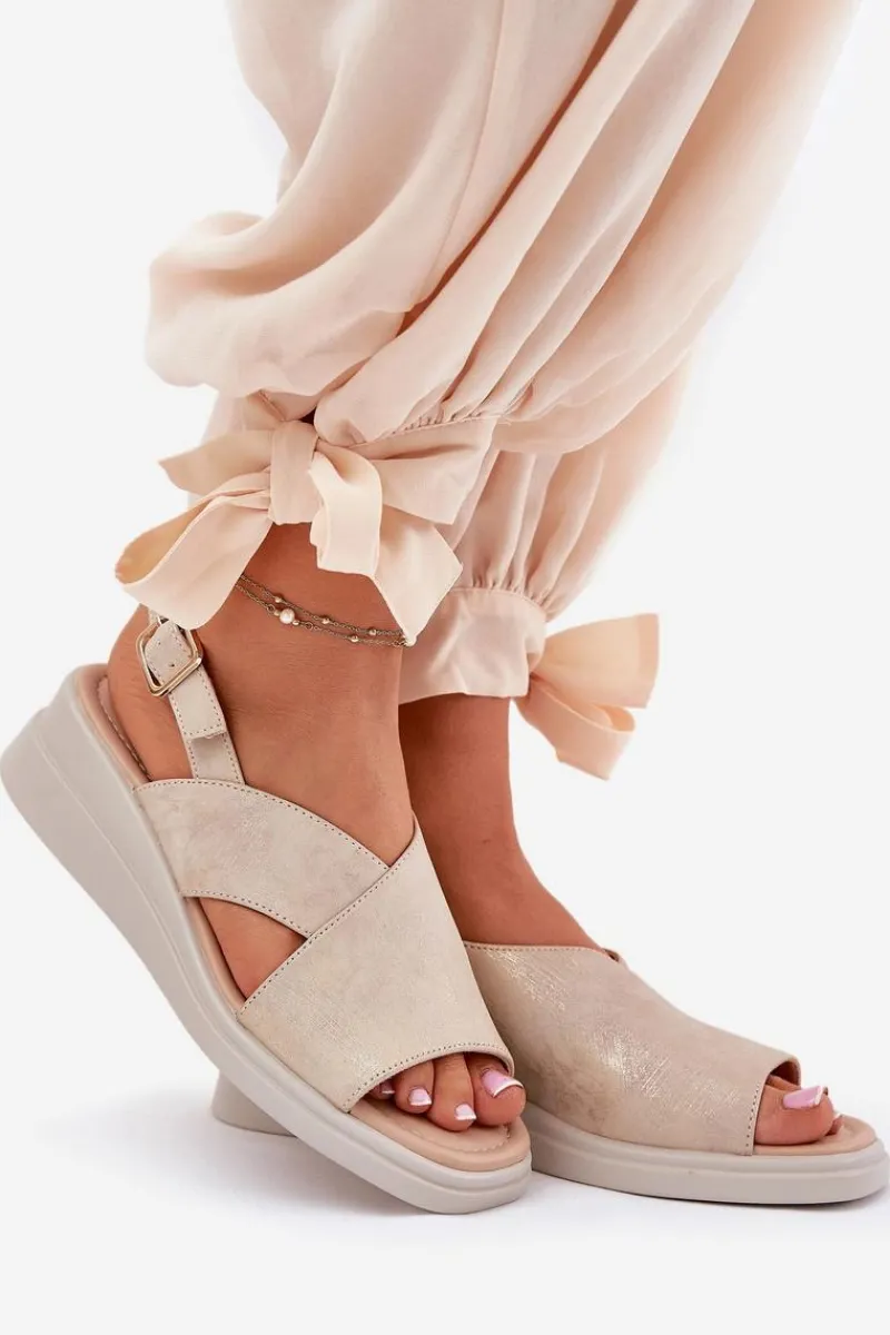 Hot Sandały Damskie Na Koturnie Z Eko Skóry Złote Quilara Damskie Sandały Na Koturnie