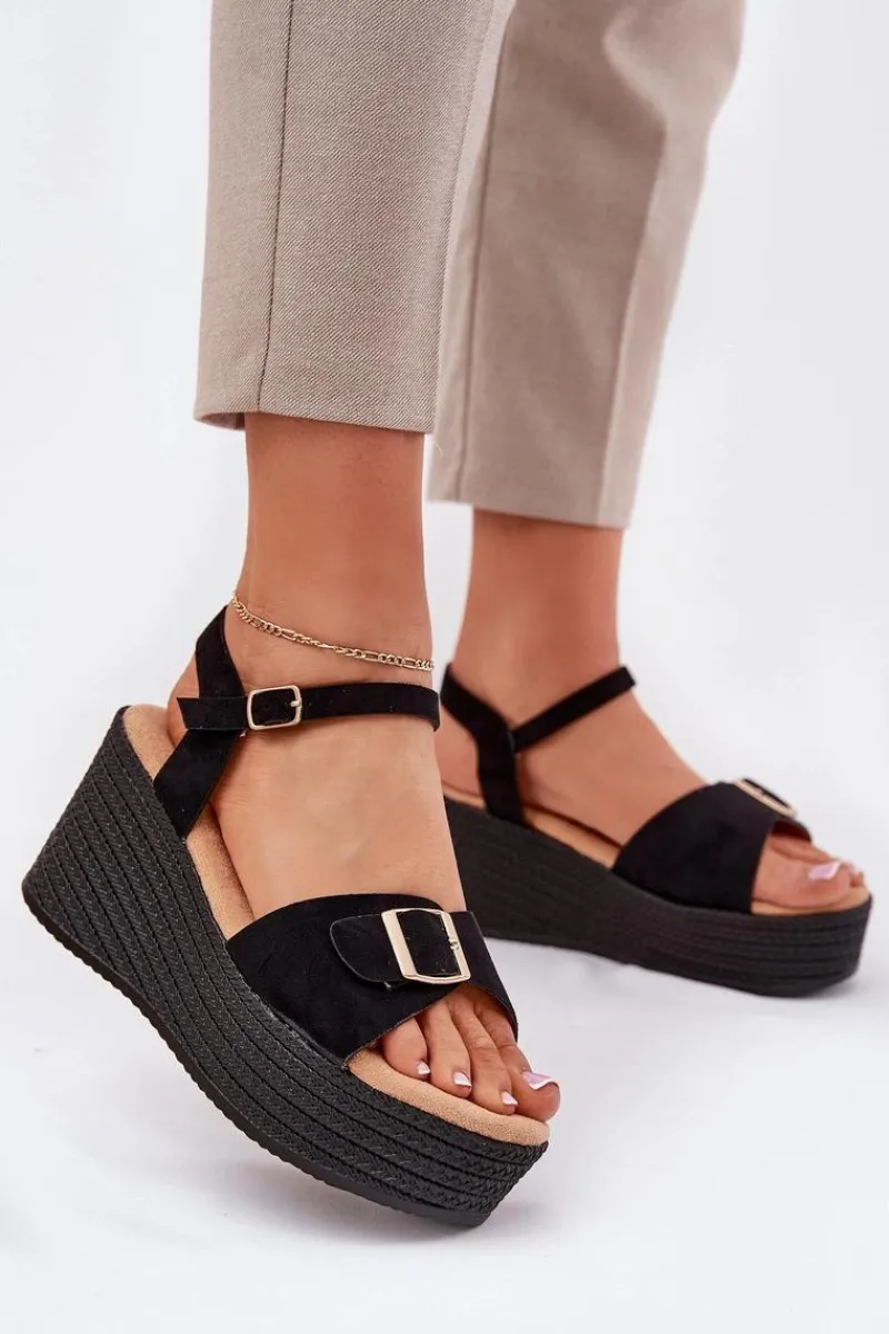 Discount Boto Sandały Damskie Na Koturnie Z Klamrą Czarne Liniella Czarny