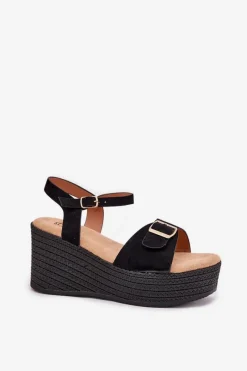 Discount Boto Sandały Damskie Na Koturnie Z Klamrą Czarne Liniella Czarny
