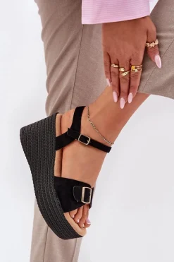 Discount Boto Sandały Damskie Na Koturnie Z Klamrą Czarne Liniella Czarny