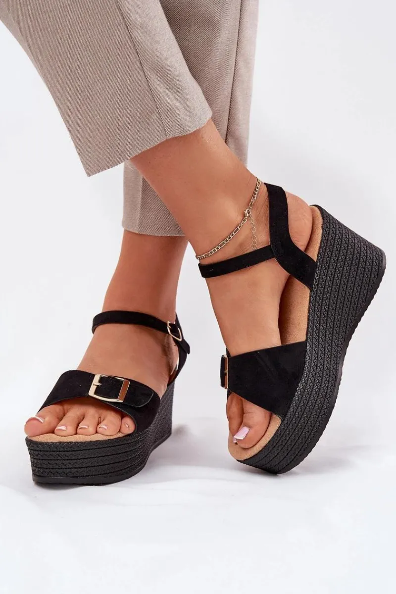 Discount Boto Sandały Damskie Na Koturnie Z Klamrą Czarne Liniella Czarny