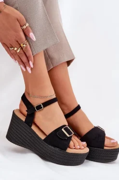 Discount Boto Sandały Damskie Na Koturnie Z Klamrą Czarne Liniella Czarny