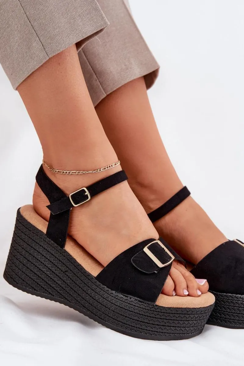 Discount Boto Sandały Damskie Na Koturnie Z Klamrą Czarne Liniella Czarny