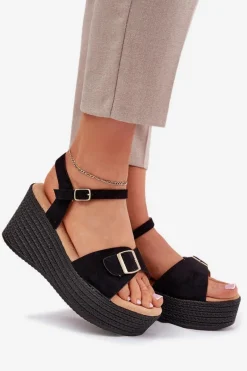 Discount Boto Sandały Damskie Na Koturnie Z Klamrą Czarne Liniella Czarny