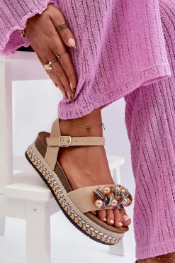 Discount Sandały Damskie Na Koturnie I Platformie Z Ozdobami S.Barski HY056 Beżowe Damskie Sandały Na Koturnie