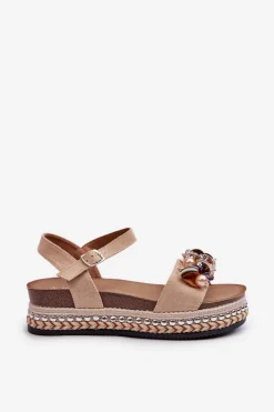 Discount Sandały Damskie Na Koturnie I Platformie Z Ozdobami S.Barski HY056 Beżowe Damskie Sandały Na Koturnie