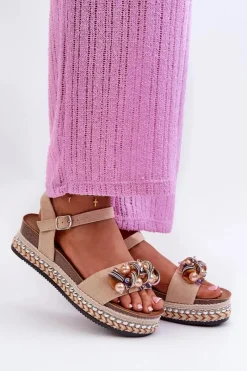 Discount Sandały Damskie Na Koturnie I Platformie Z Ozdobami S.Barski HY056 Beżowe Damskie Sandały Na Koturnie