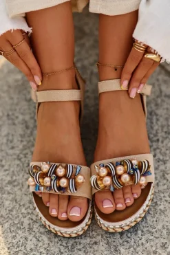 Discount Sandały Damskie Na Koturnie I Platformie Z Ozdobami S.Barski HY056 Beżowe Damskie Sandały Na Koturnie