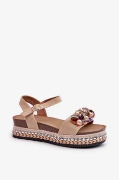 Discount Sandały Damskie Na Koturnie I Platformie Z Ozdobami S.Barski HY056 Beżowe Damskie Sandały Na Koturnie