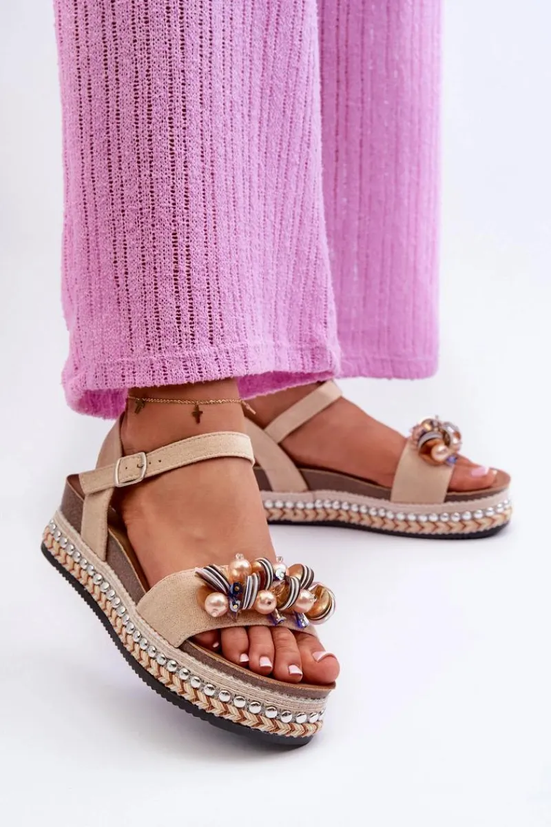 Discount Sandały Damskie Na Koturnie I Platformie Z Ozdobami S.Barski HY056 Beżowe Damskie Sandały Na Koturnie