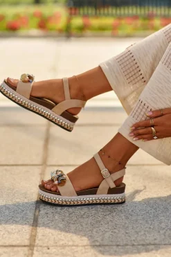 Discount Sandały Damskie Na Koturnie I Platformie Z Ozdobami S.Barski HY056 Beżowe Damskie Sandały Na Koturnie