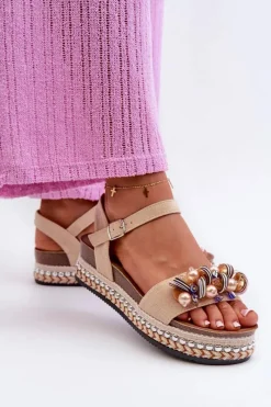 Discount Sandały Damskie Na Koturnie I Platformie Z Ozdobami S.Barski HY056 Beżowe Damskie Sandały Na Koturnie