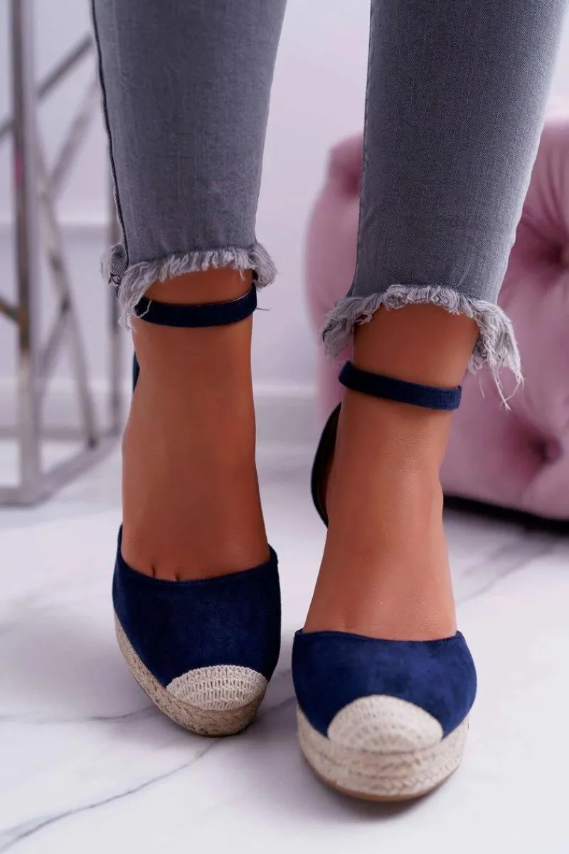 Discount Sandały Damskie Na Koturnie Lniane Granatowe Tammaris Damskie Sandały Na Koturnie