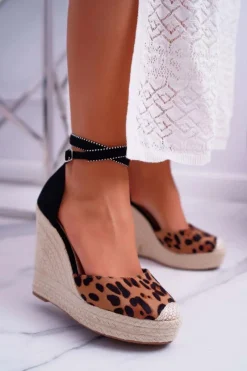 New Boto Sandały Damskie Na Koturnie Lniane Leopard Canterola