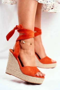 Clearance Sandały Damskie Na Koturnie Wiązane Pomarańczowe Belleza Damskie Sandały Na Koturnie
