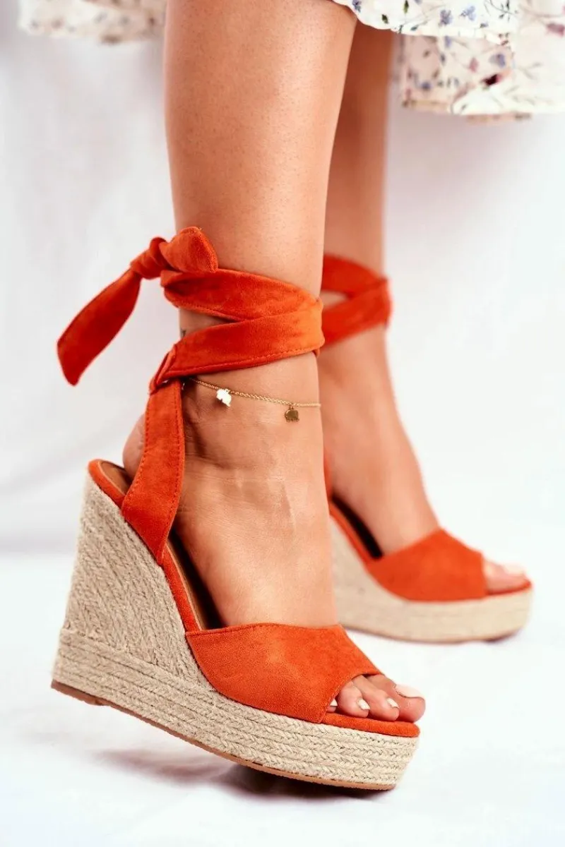 Clearance Sandały Damskie Na Koturnie Wiązane Pomarańczowe Belleza Damskie Sandały Na Koturnie
