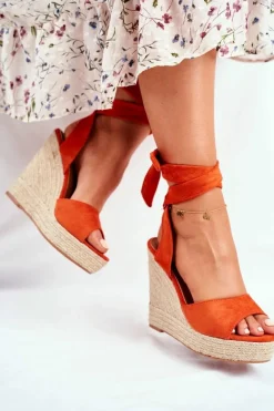 Clearance Sandały Damskie Na Koturnie Wiązane Pomarańczowe Belleza Damskie Sandały Na Koturnie