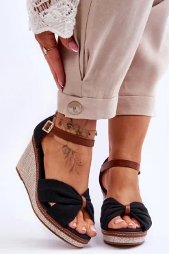 Sale Sandały Damskie Na Koturnie Czarne Daphne Damskie Sandały Na Koturnie