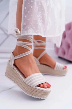 Hot Sandały Damskie Na Koturnie Platformie Lniane Wiązane Beżowe Jolyn Damskie Sandały Na Koturnie