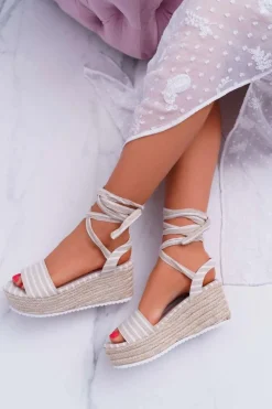 Hot Sandały Damskie Na Koturnie Platformie Lniane Wiązane Beżowe Jolyn Damskie Sandały Na Koturnie