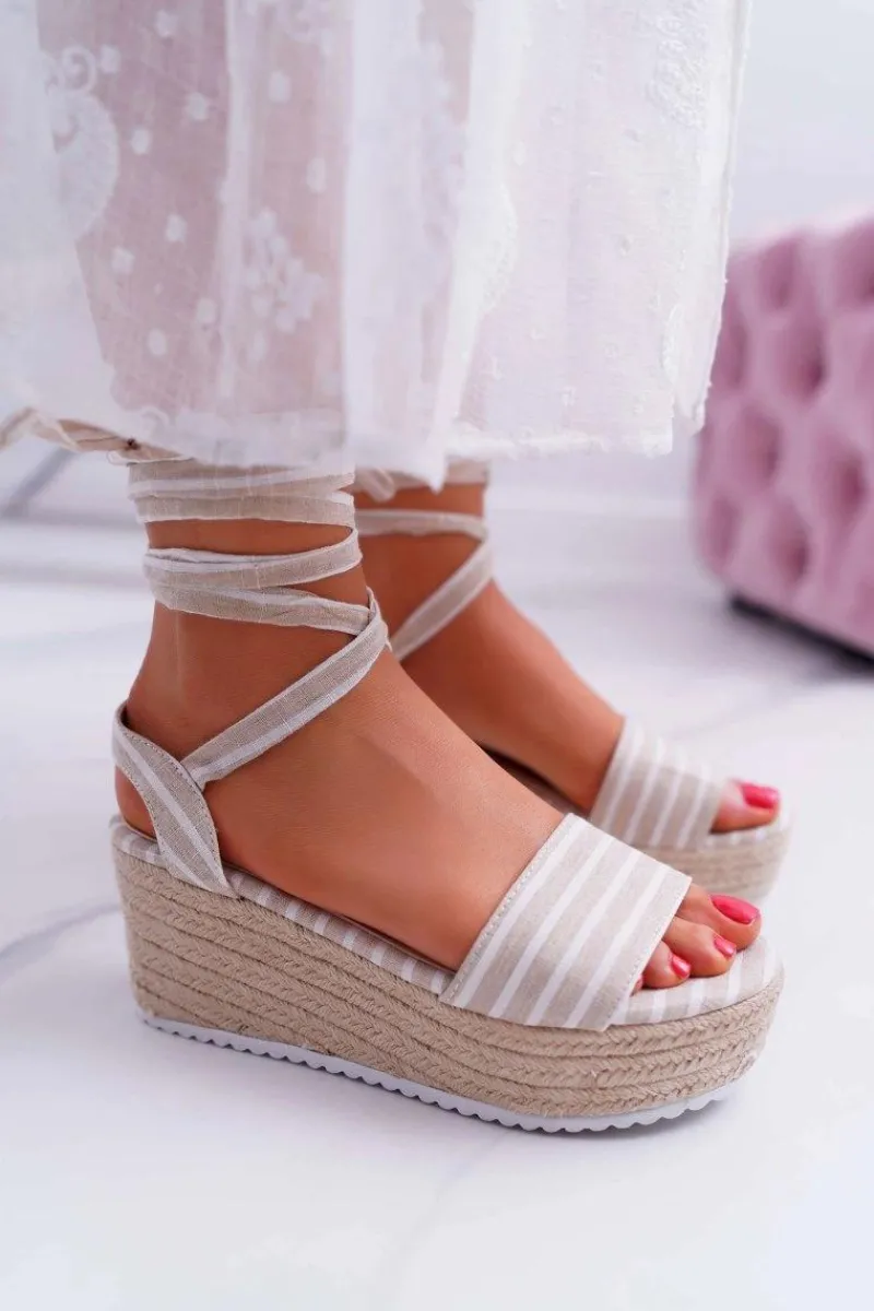 Hot Sandały Damskie Na Koturnie Platformie Lniane Wiązane Beżowe Jolyn Damskie Sandały Na Koturnie