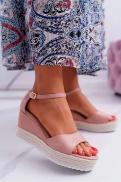 Sandały Na Koturnie>Boto Sandały Damskie Na Koturnie Platformie Zamszowe Różowe Delima