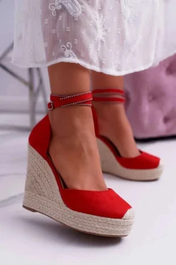 Sandały Na Koturnie>Boto Sandały Damskie Na Koturnie Lniane Czerwone Canterola