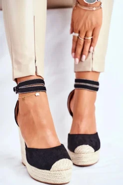 Sandały Na Koturnie>Boto Sandały Damskie Na Koturnie Lniane Czarne Canterola