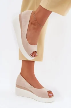 Outlet Boto Sandały Damskie Na Koturnie Z Eko Zamszu Jasnobeżowe Velira Beżowy