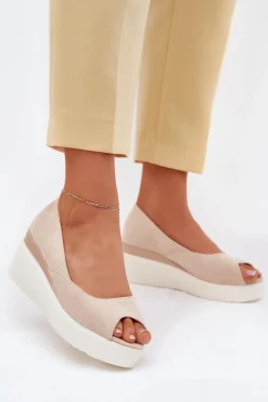 Outlet Boto Sandały Damskie Na Koturnie Z Eko Zamszu Jasnobeżowe Velira Beżowy