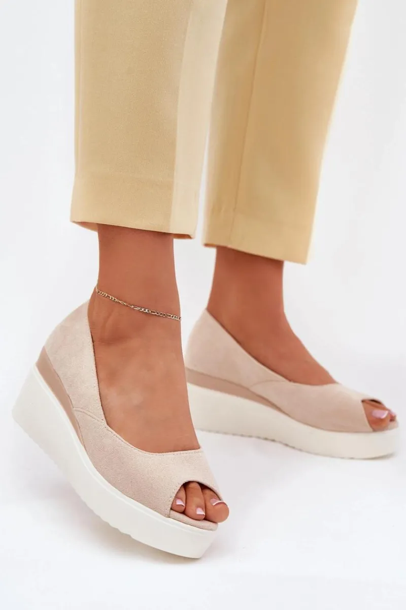 Outlet Boto Sandały Damskie Na Koturnie Z Eko Zamszu Jasnobeżowe Velira Beżowy