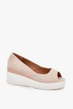 Outlet Boto Sandały Damskie Na Koturnie Z Eko Zamszu Jasnobeżowe Velira Beżowy