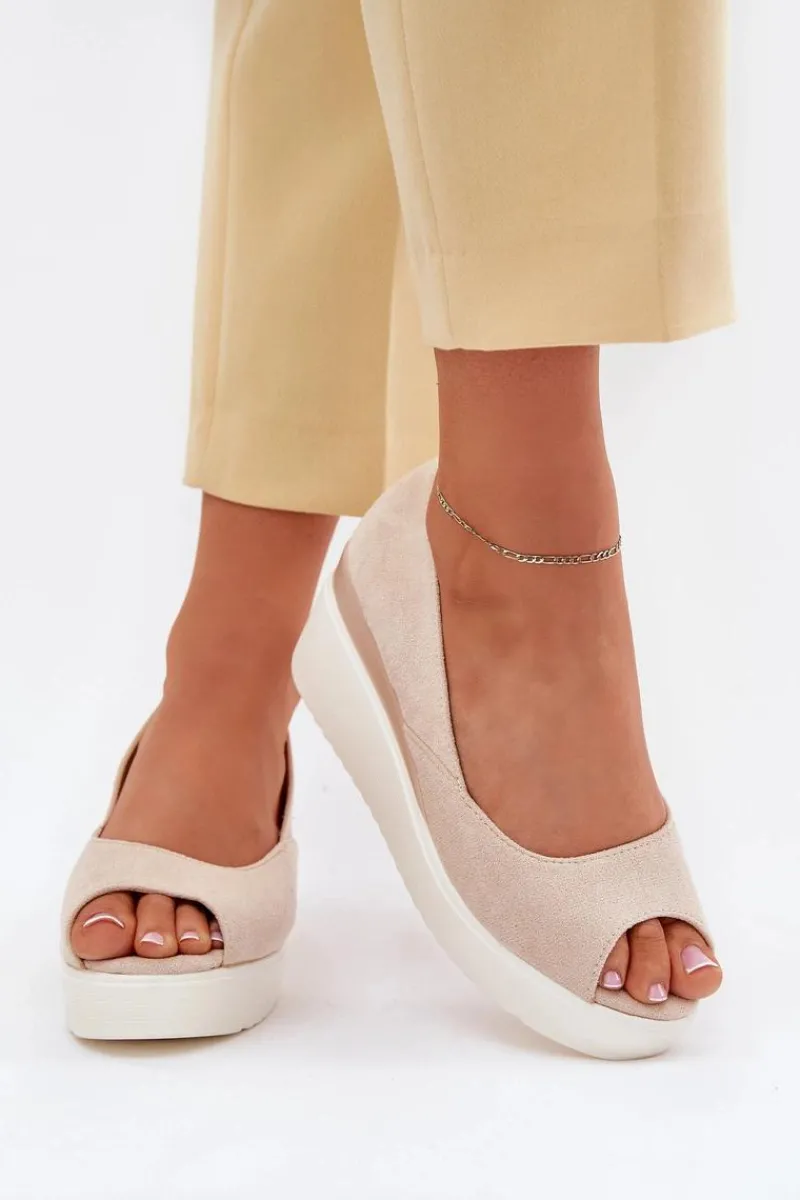 Outlet Boto Sandały Damskie Na Koturnie Z Eko Zamszu Jasnobeżowe Velira Beżowy