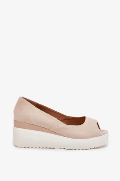 Outlet Boto Sandały Damskie Na Koturnie Z Eko Zamszu Jasnobeżowe Velira Beżowy