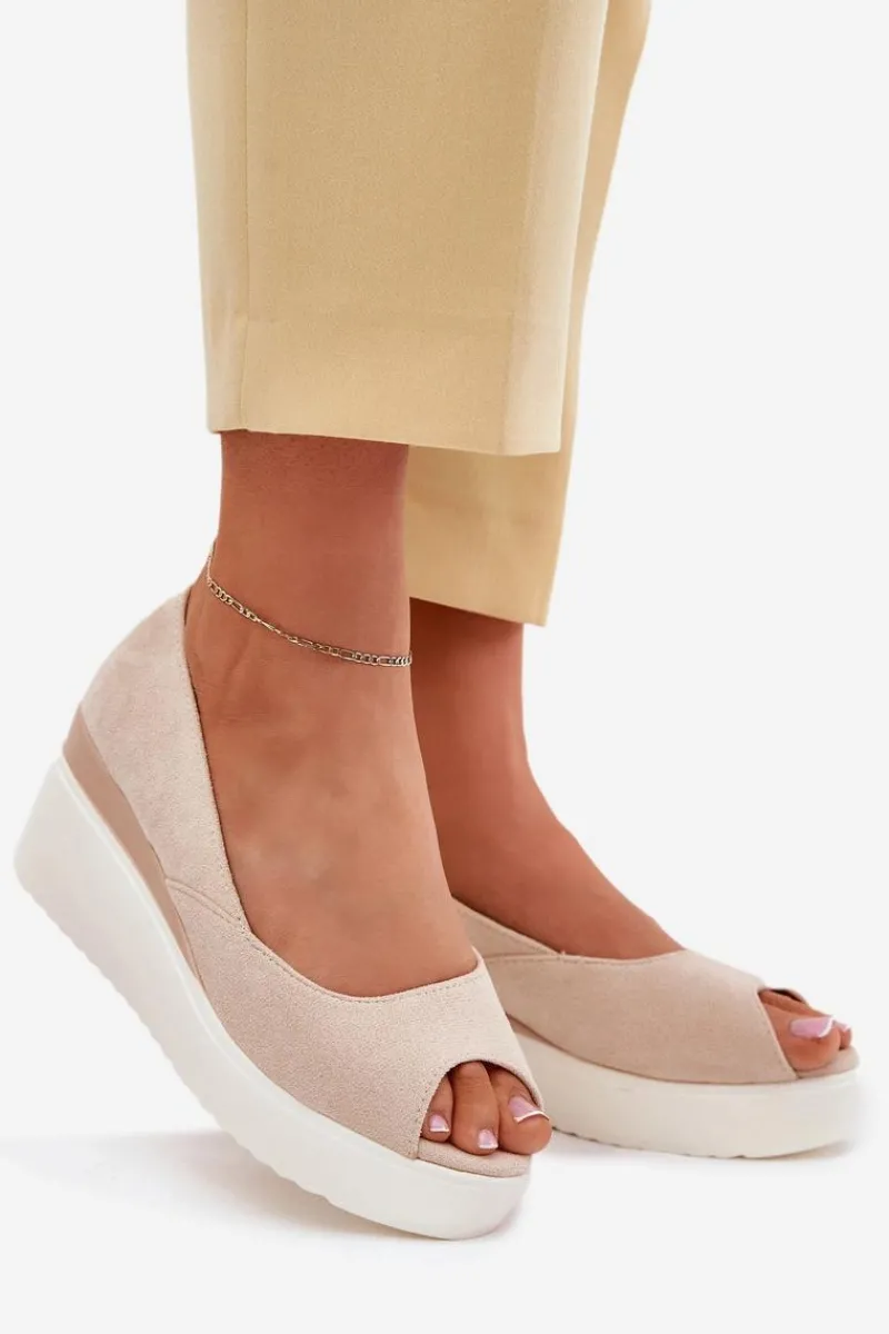 Outlet Boto Sandały Damskie Na Koturnie Z Eko Zamszu Jasnobeżowe Velira Beżowy