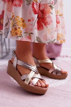 Sale Maciejka Sandały Damskie Na Koturnie Skórzane ESP27-25/00-1