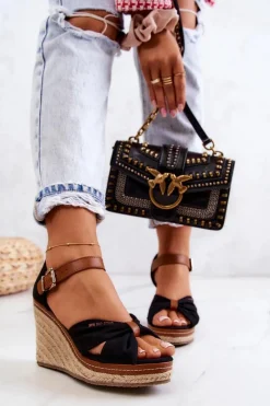 Hot Sandały Damskie Na Koturnie Big Star JJ274937 Czarne Damskie Sandały Big Star|Sandały Na Koturnie