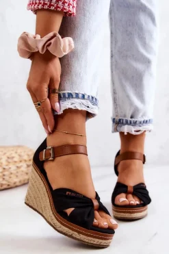 Hot Sandały Damskie Na Koturnie Big Star JJ274937 Czarne Damskie Sandały Big Star|Sandały Na Koturnie