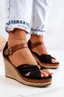 Hot Sandały Damskie Na Koturnie Big Star JJ274937 Czarne Damskie Sandały Big Star|Sandały Na Koturnie