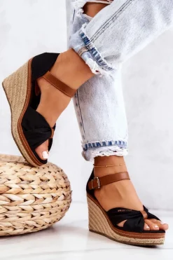 Hot Sandały Damskie Na Koturnie Big Star JJ274937 Czarne Damskie Sandały Big Star|Sandały Na Koturnie