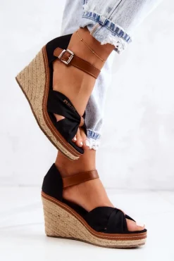 Hot Sandały Damskie Na Koturnie Big Star JJ274937 Czarne Damskie Sandały Big Star|Sandały Na Koturnie