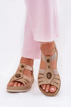 Outlet INBLU Sandały Damskie Na Koturnie Z Ozdobami RV000015 Beżowe Beżowy