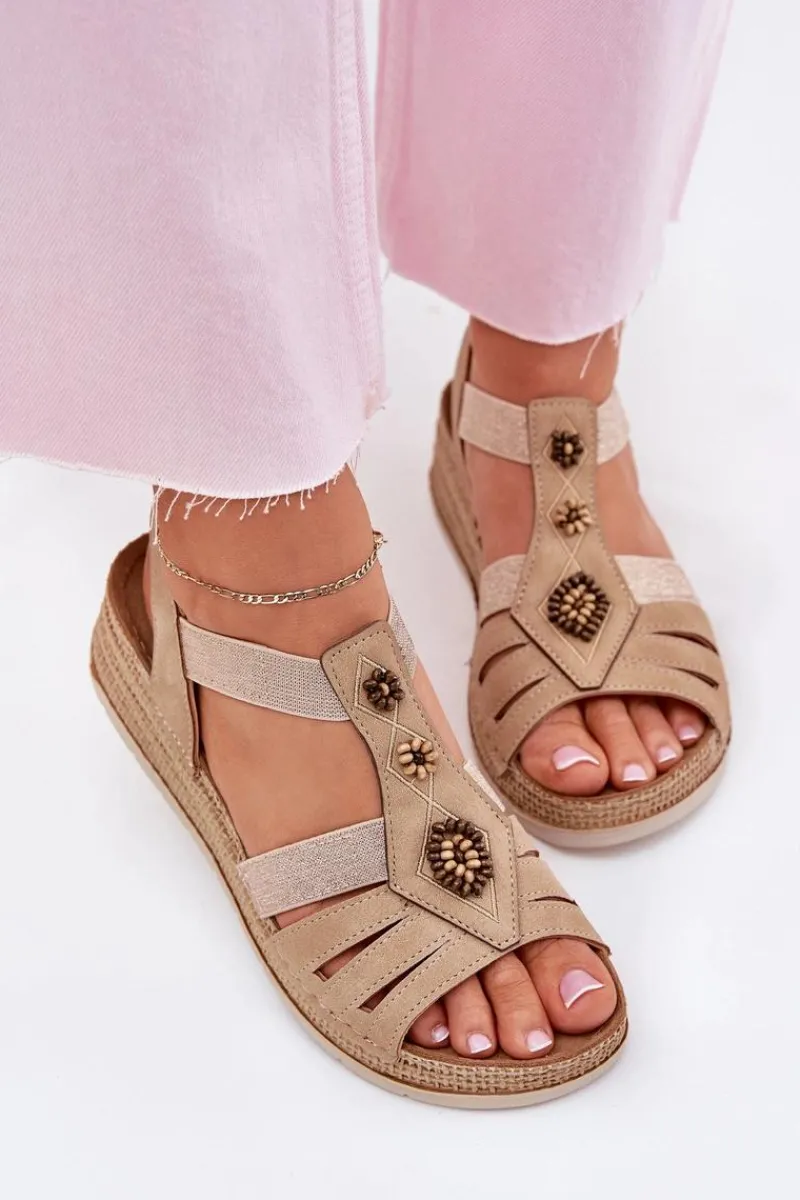 Outlet INBLU Sandały Damskie Na Koturnie Z Ozdobami RV000015 Beżowe Beżowy