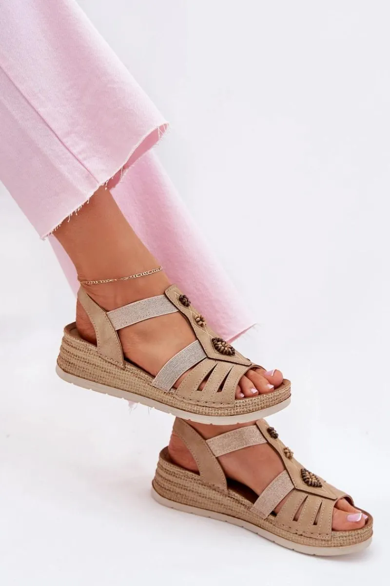 Outlet INBLU Sandały Damskie Na Koturnie Z Ozdobami RV000015 Beżowe Beżowy