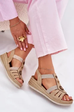 Outlet INBLU Sandały Damskie Na Koturnie Z Ozdobami RV000015 Beżowe Beżowy