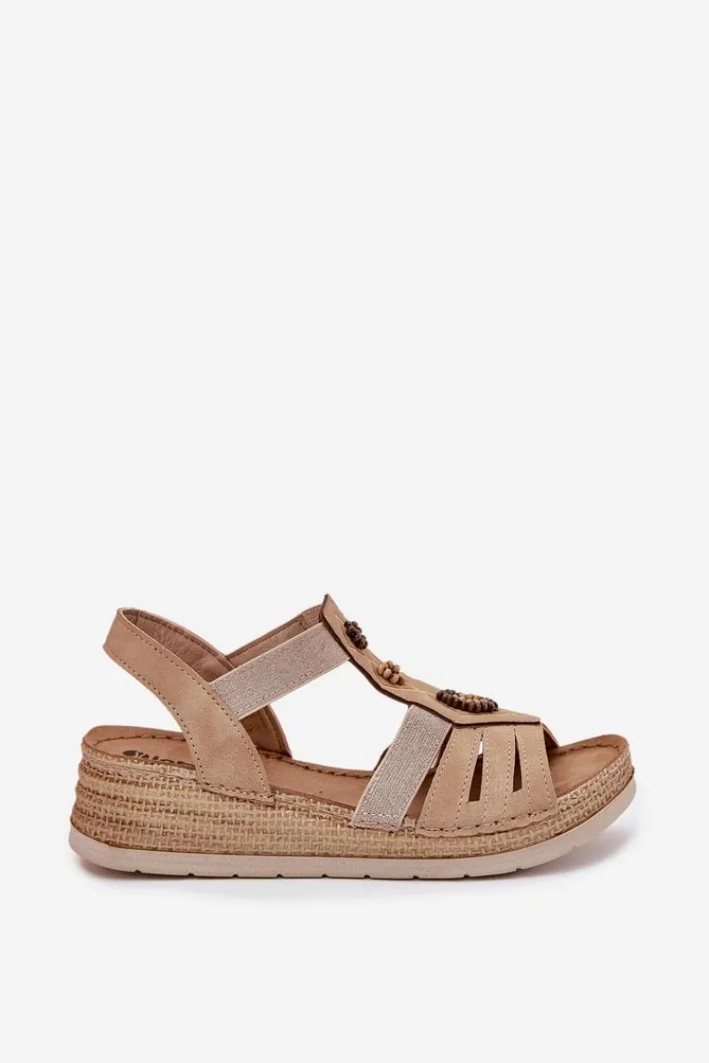 Outlet INBLU Sandały Damskie Na Koturnie Z Ozdobami RV000015 Beżowe Beżowy